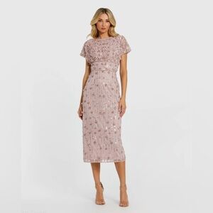 MAC DUGGAL
Pink Cap Sleeve Sheath Midi Dress With Floral Beading Size 8